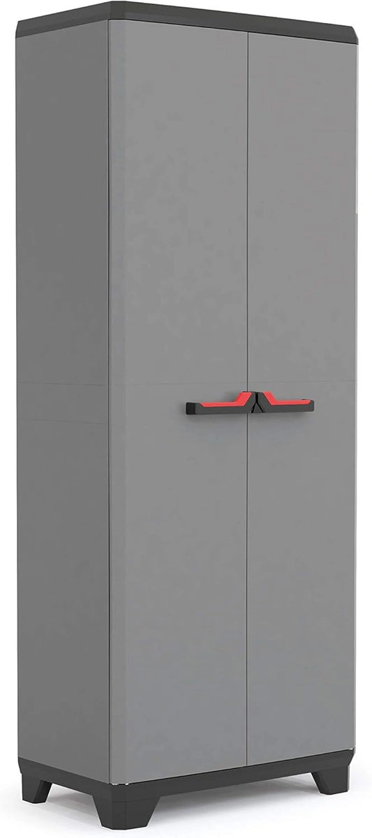 Armoire de Rangement Multifonction en R¨¦sine - ¨¦tag¨¨res R¨¦glables et Pieds Ajustables - Poign¨¦e Confortable - Pour Cuisine, Garage et Atelier - 68x39x173 cm - Gris/Noir/Rouge