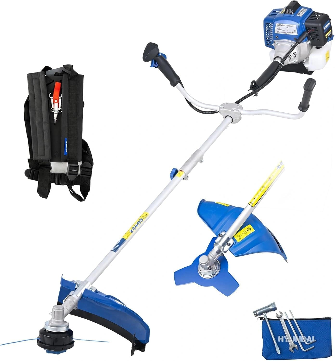 D¨¦broussailleuse Hyundai 2-en-1 56 cm3, Lame 3 Dents, T¨ºte Nylon 43 cm, Arbre Divisible, Harnais, Garantie 3 Ans