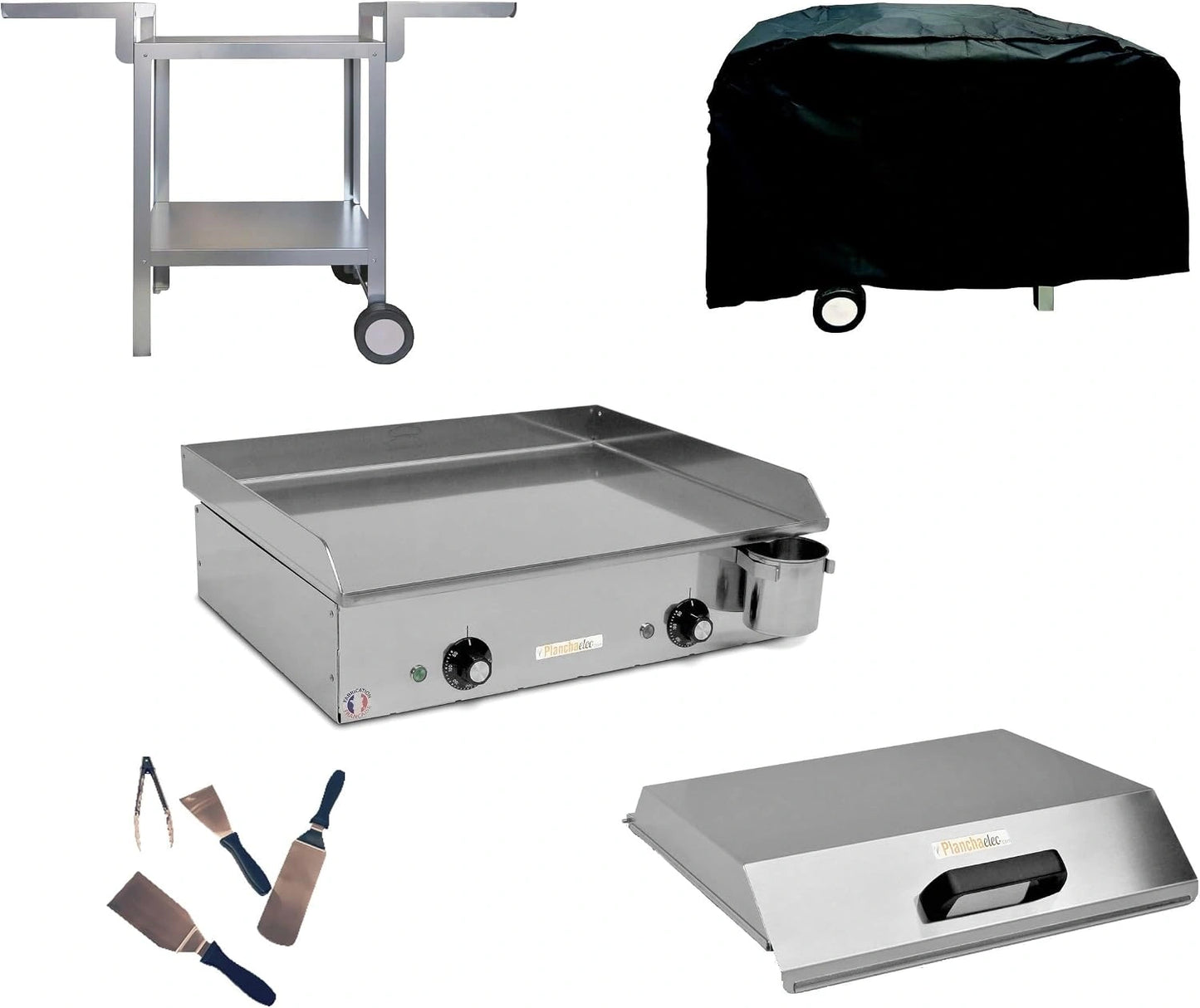 Plancha ¨¦lectrique NEO E530 avec Chariot et Accessoires - Acier Inoxydable - 2400W - Thermostat Ajustable - Pour 8 Personnes - Fabriqu¨¦ en France