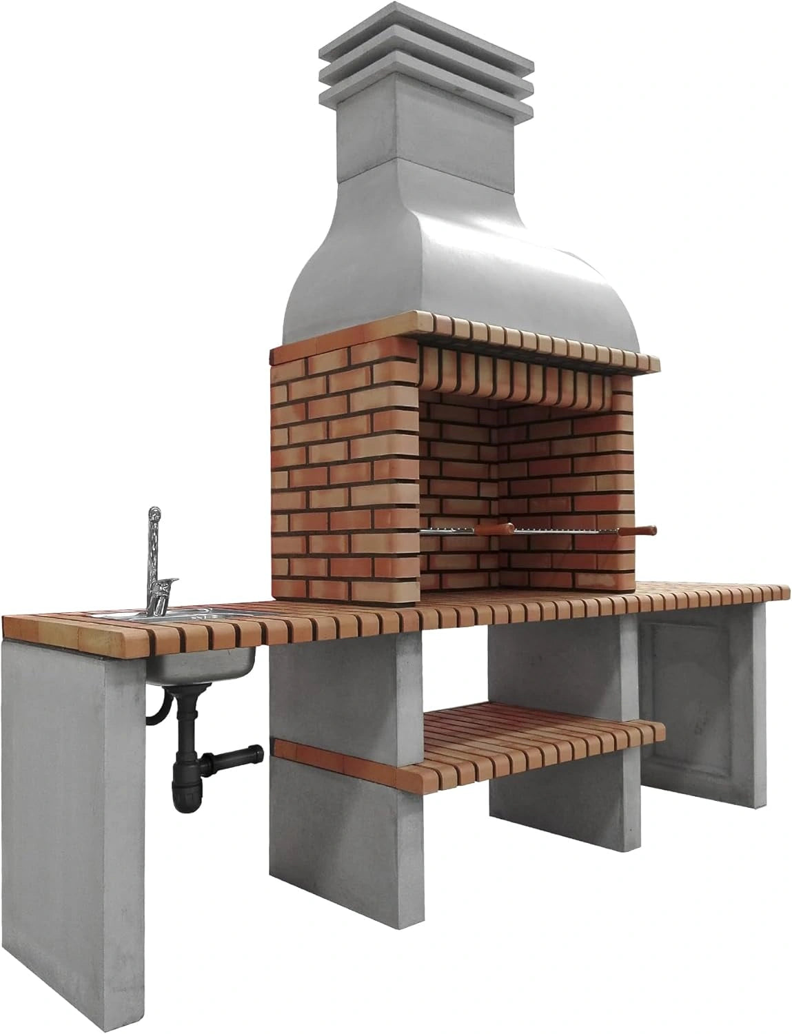 Barbecue d'Ext¨¦rieur en B¨¦ton R¨¦fractaire avec ¨¦vier - Mod¨¨le Altea, Gris et Orange, 268x70x255 cm