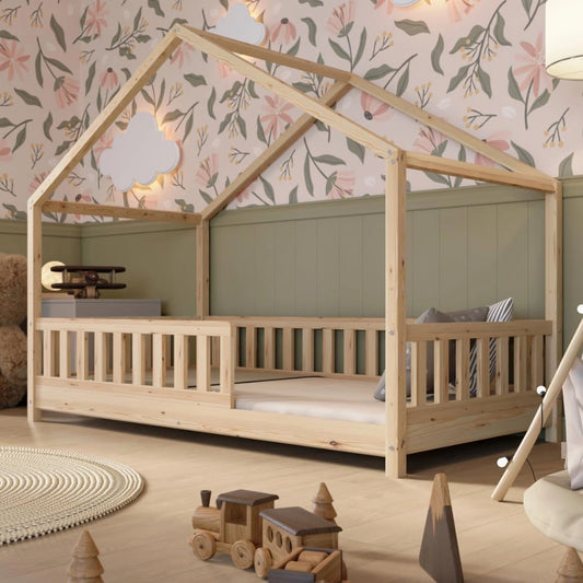 Lit pour Enfant en Bois Naturel 90x190 cm avec Barri¨¨re Amovible et Pieds R¨¦glables