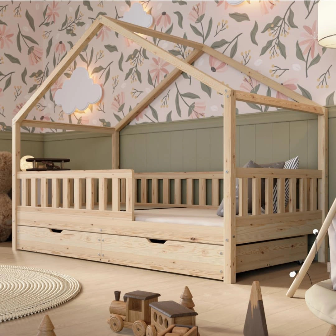 Lit Enfant en Bois Naturel 190x90 cm avec Rangement et Barri¨¨re Amovible - Style Montessori