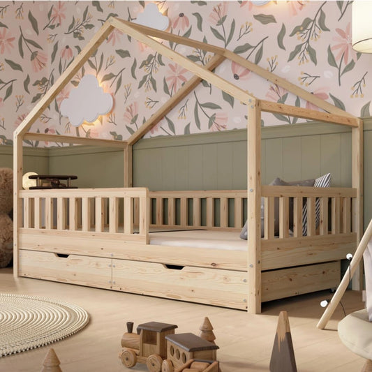 Lit Enfant en Bois Naturel 190x90 cm avec Rangement et Barri¨¨re Amovible - Style Montessori
