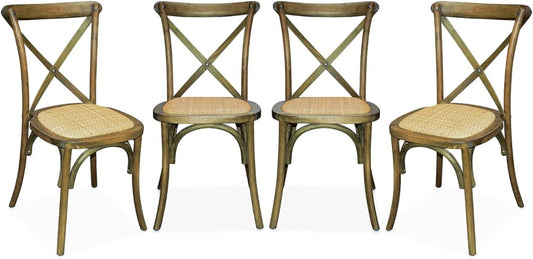 Ensemble de 4 chaises de bistrot vintage en bois d'h¨¦v¨¦a avec assise en rotin, marron vieilli, empilables