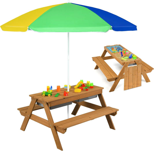Table de Pique-Nique pour Enfants 3 en 1 avec Parasol et Plateau Amovibles, Inclut Bacs Sable & Eau, Int¨¦rieur Ext¨¦rieur, 4 Places, 3-7 Ans, Capacit¨¦ 50kg