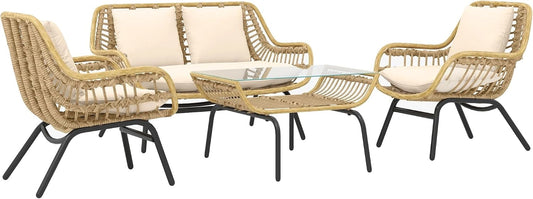 Ensemble de Jardin Outsunny 4 Places M¨¦tal R¨¦sine Style Exotique avec Coussins Confortables Beige