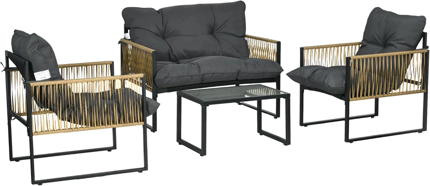 Ensemble de Mobilier de Jardin 4 Pi¨¨ces - Canap¨¦ pour 2, Fauteuils et Table en R¨¦sine Tress¨¦e avec Verre Tremp¨¦ - Gris
