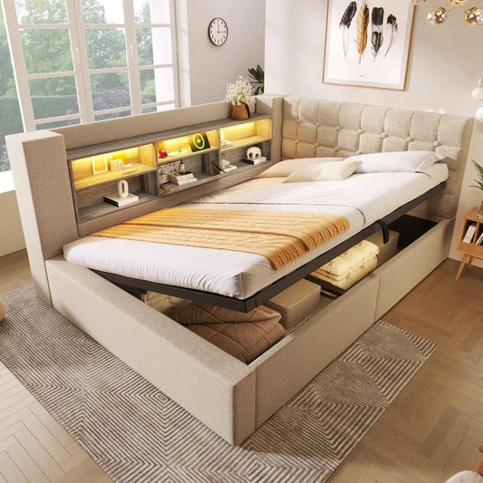 Lit coffre 140x190 en lin beige avec LED et rangement int¨¦gr¨¦, t¨ºte de lit en L, sommier ¨¤ lattes inclus