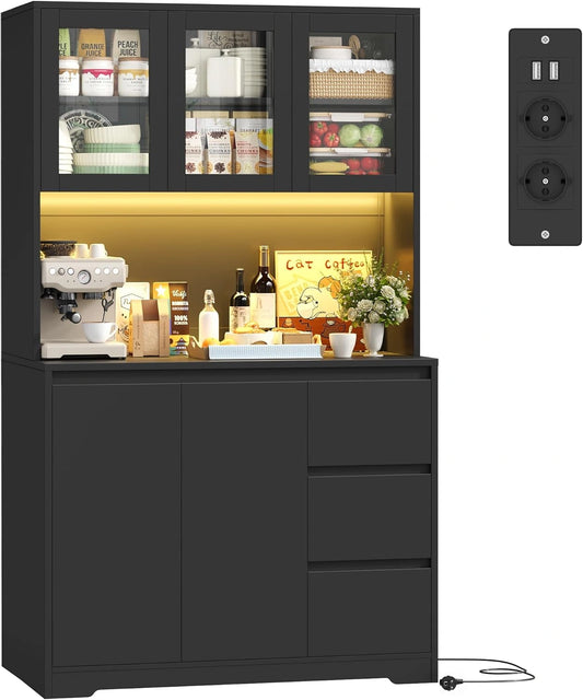FirFurd Armoire de Cuisine avec LED et Multiprises, Vaisselier Noir avec ¨¦tag¨¨re R¨¦glable, 5 Portes et 3 Tiroirs, 180x100x38.5cm