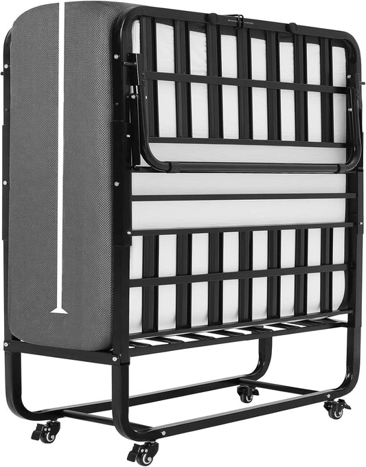 DICTAC Lit Pliant 1 Personne 90x200 avec Matelas ¨¤ M¨¦moire et Roulettes, Facile ¨¤ Transporter et Assembler