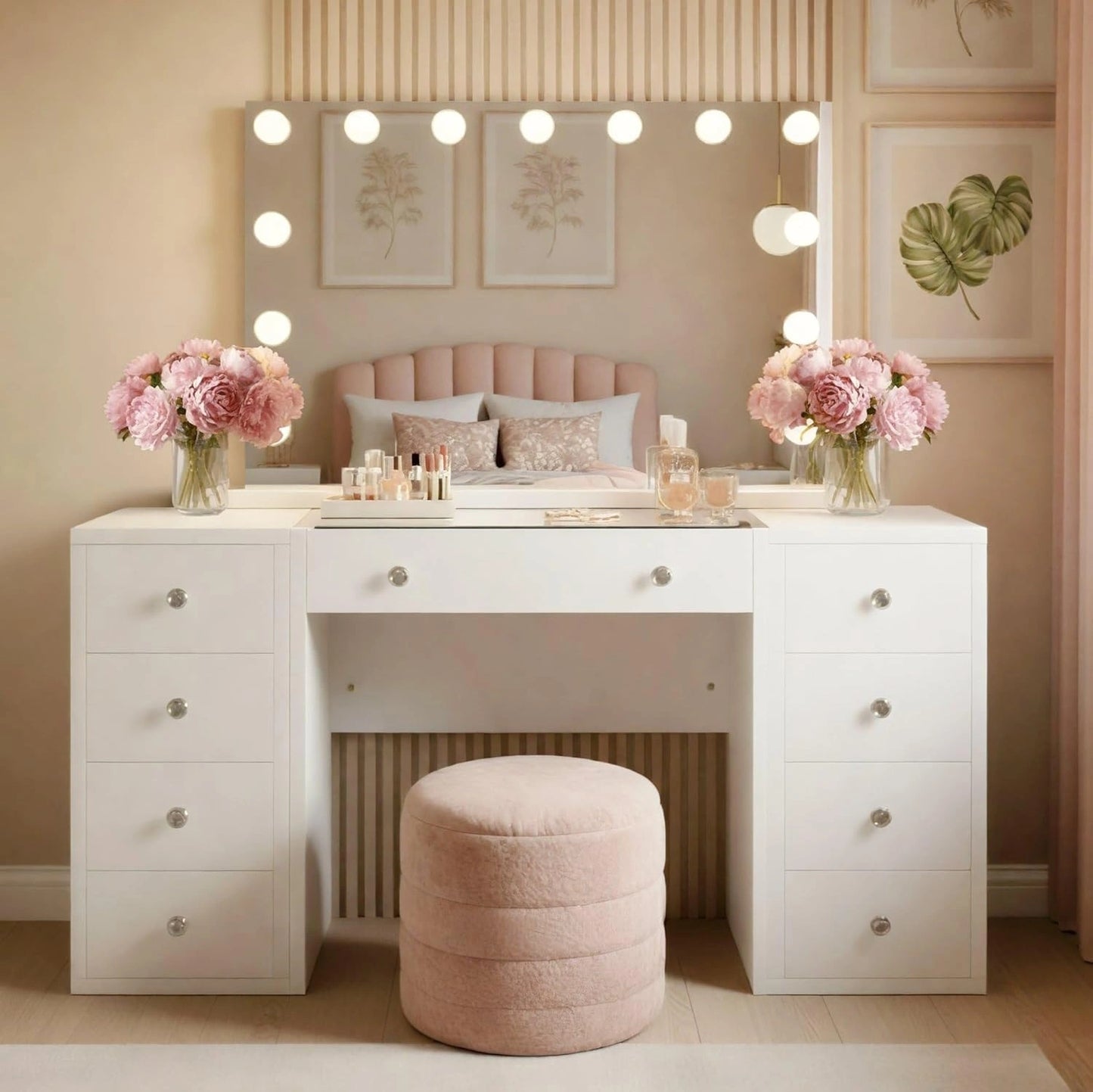 Coiffeuse Blanche avec Miroir Hollywood et ¨¦clairage LED, 9 Tiroirs, Plateau en Verre, Prise USB