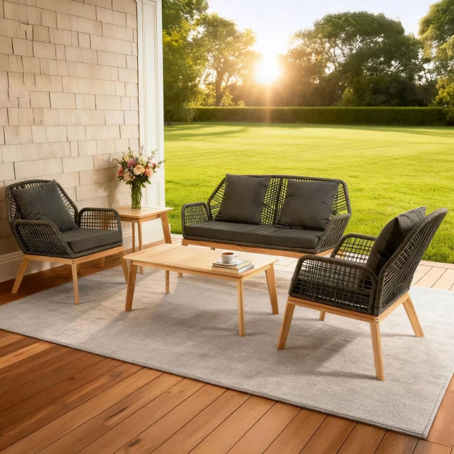 Ensemble de Mobilier de Jardin 4 Places Rosario - Ch¨ºne et Corde Noire - 5 ¨¦l¨¦ments : Canap¨¦, Fauteuils et Tables - Style ¨¦l¨¦gant pour Terrasse - Gris Anthracite