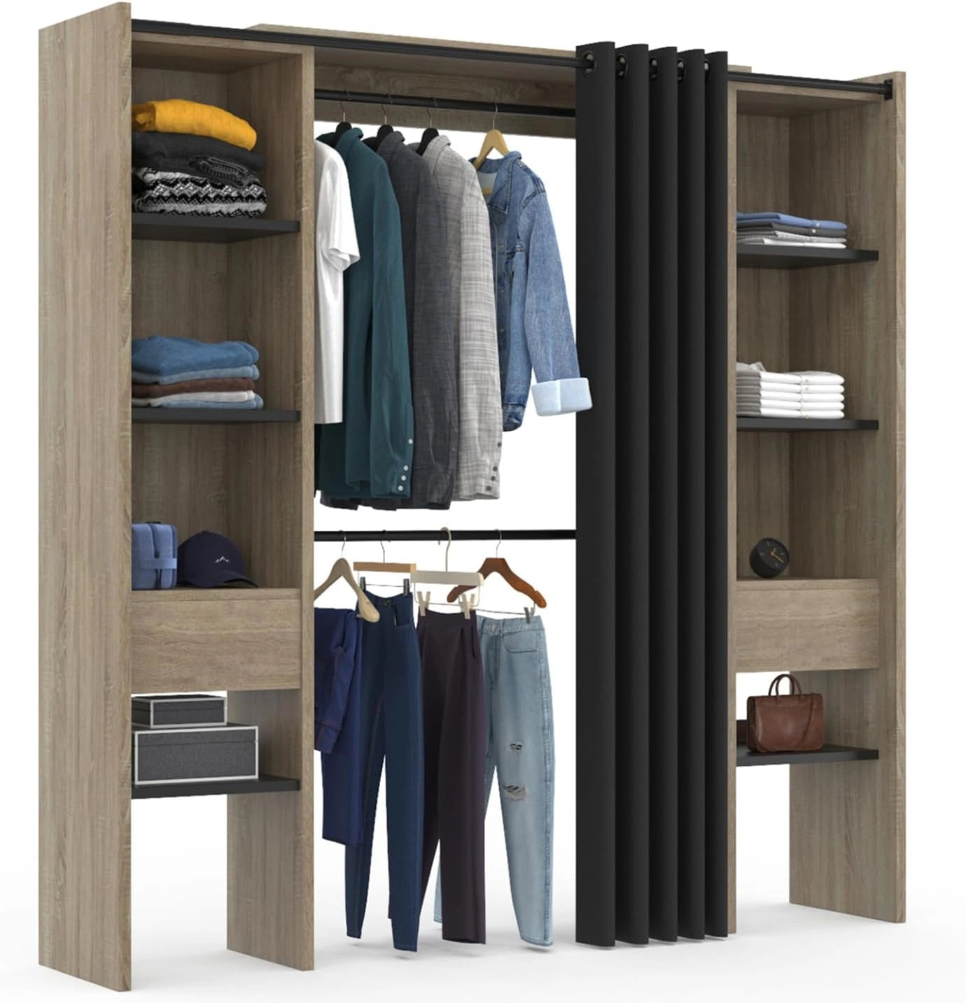 Armoire Extensible Meryl avec ¨¦tag¨¨res et Rideau Noir - 120/180 x 50 x 180 cm