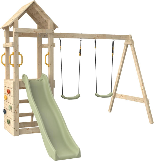 Aire de Jeux Ext¨¦rieure avec Toit et Toboggan - ¨¦chelle, Mur d'Escalade, 2 Balan?oires