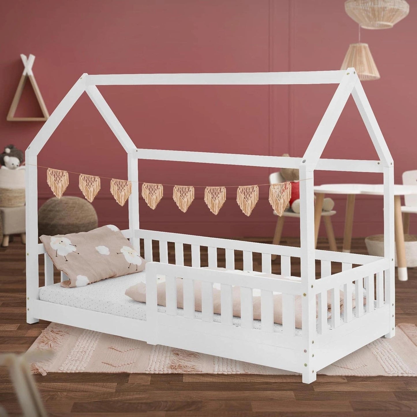 Lit Enfant en Bois Massif 80x160 cm avec Barri¨¨re de S¨¦curit¨¦ et Toit, Blanc