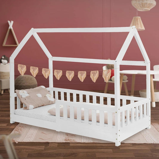 Lit Enfant en Bois Massif 80x160 cm avec Barri¨¨re de S¨¦curit¨¦ et Toit, Blanc