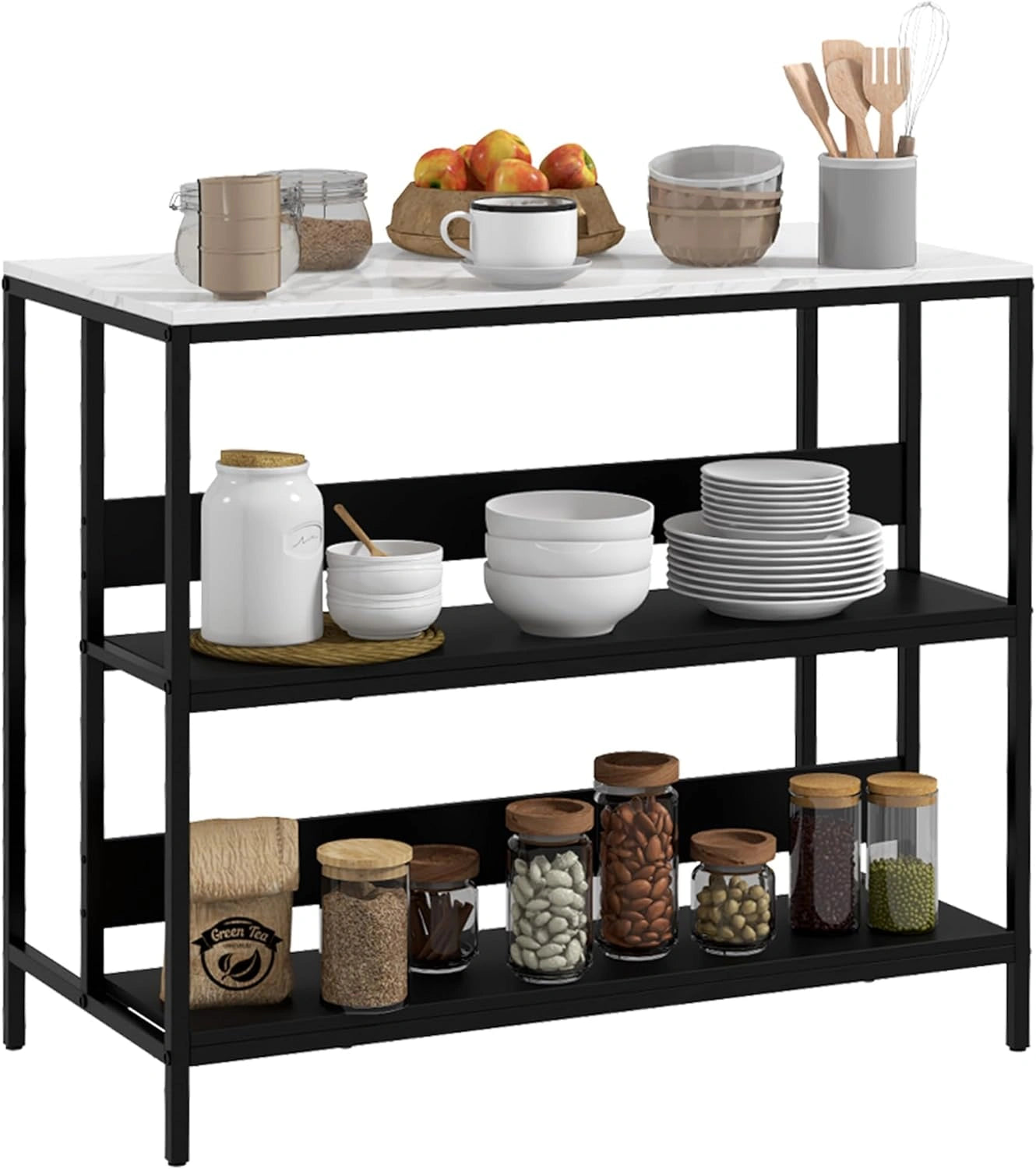 HOMCOM ?lot de cuisine moderne avec plateau effet marbre, structure en acier et 2 ¨¦tag¨¨res, rangement pour salon, 100 x 50 x 90 cm, noir