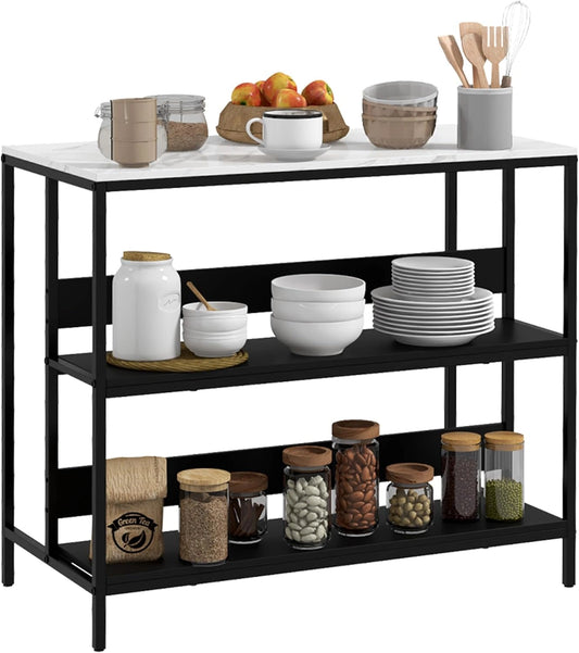 HOMCOM ?lot de cuisine moderne avec plateau effet marbre, structure en acier et 2 ¨¦tag¨¨res, rangement pour salon, 100 x 50 x 90 cm, noir
