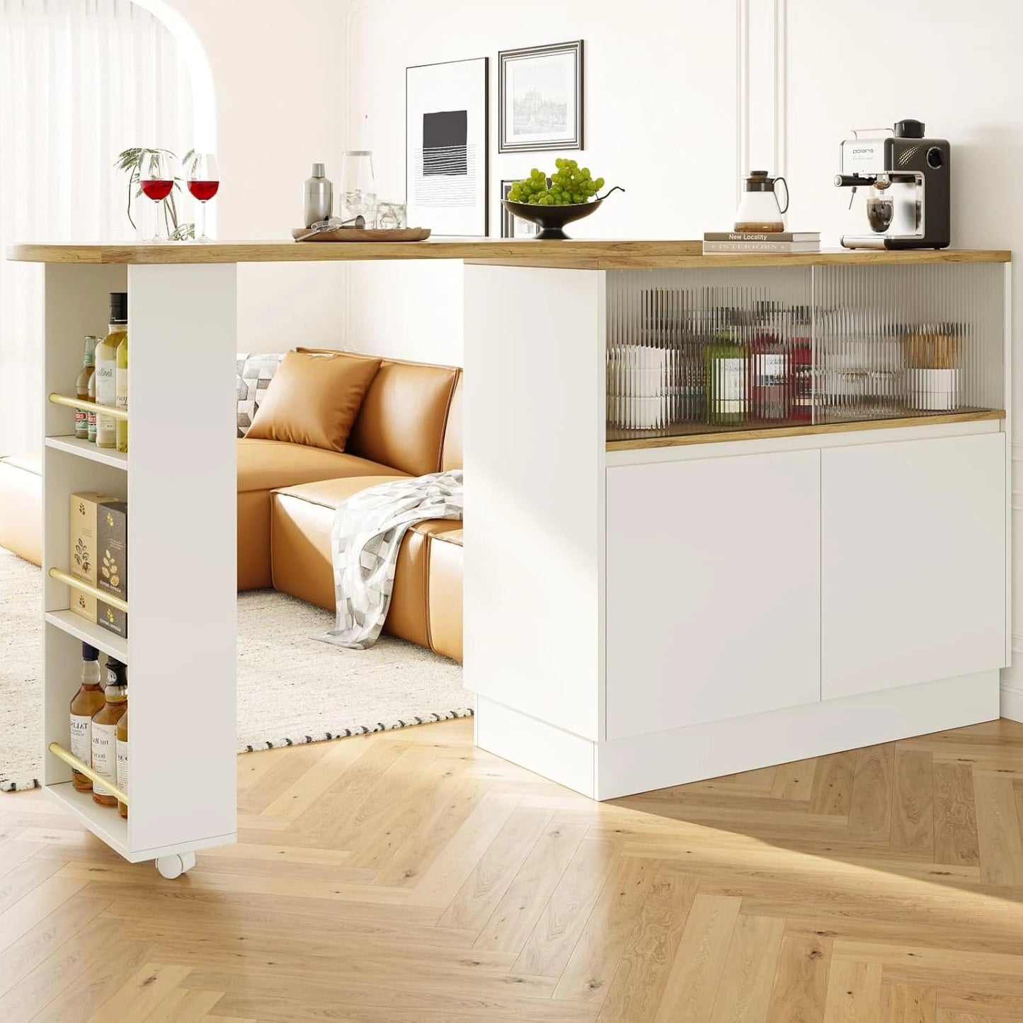Table de Bar Extensible avec Rangement et Portes en Verre, Rotation 360¡ã, ¨¦tag¨¨res Lat¨¦rales ¨C Blanc