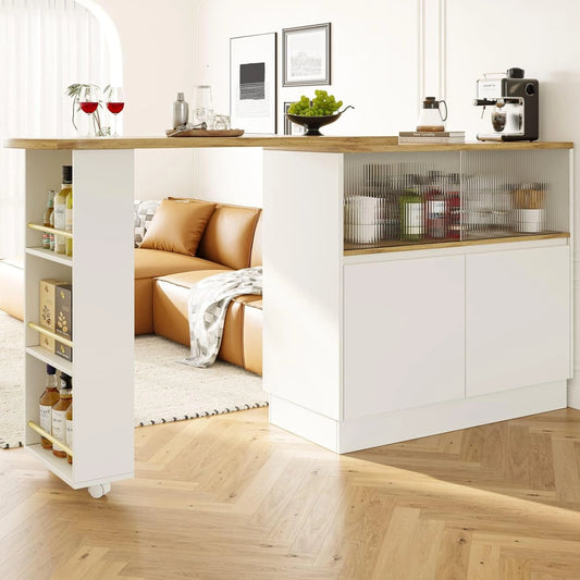 Table de Bar Extensible avec Rangement et Portes en Verre, Rotation 360¡ã, ¨¦tag¨¨res Lat¨¦rales ¨C Blanc