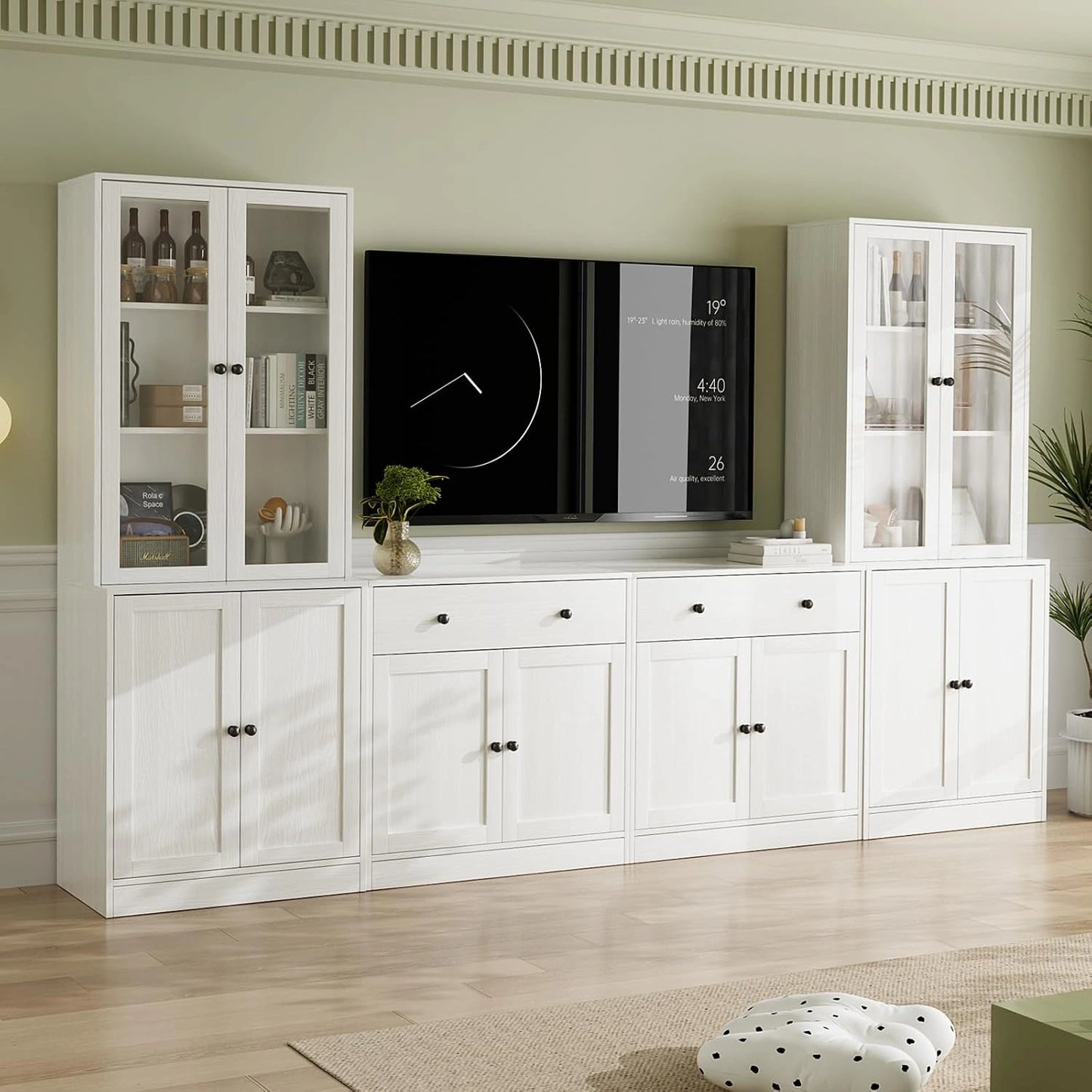 VOWNER Meuble TV Mural en Bois avec Portes en Verre, pour T¨¦l¨¦viseurs jusqu'¨¤ 75", 280x180,3x40cm, ¨¦tag¨¨res Int¨¦gr¨¦es pour Salon, Blanc