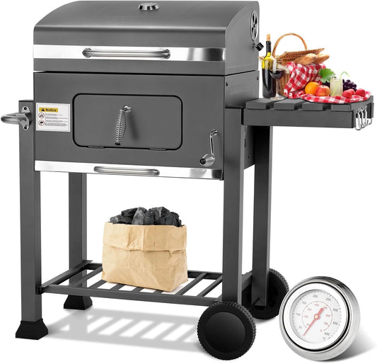 Gril ¨¤ Charbon XL avec Chariot, Couvercle et Thermom¨¨tre, Barbecue R¨¦glable pour Jardin et Camping