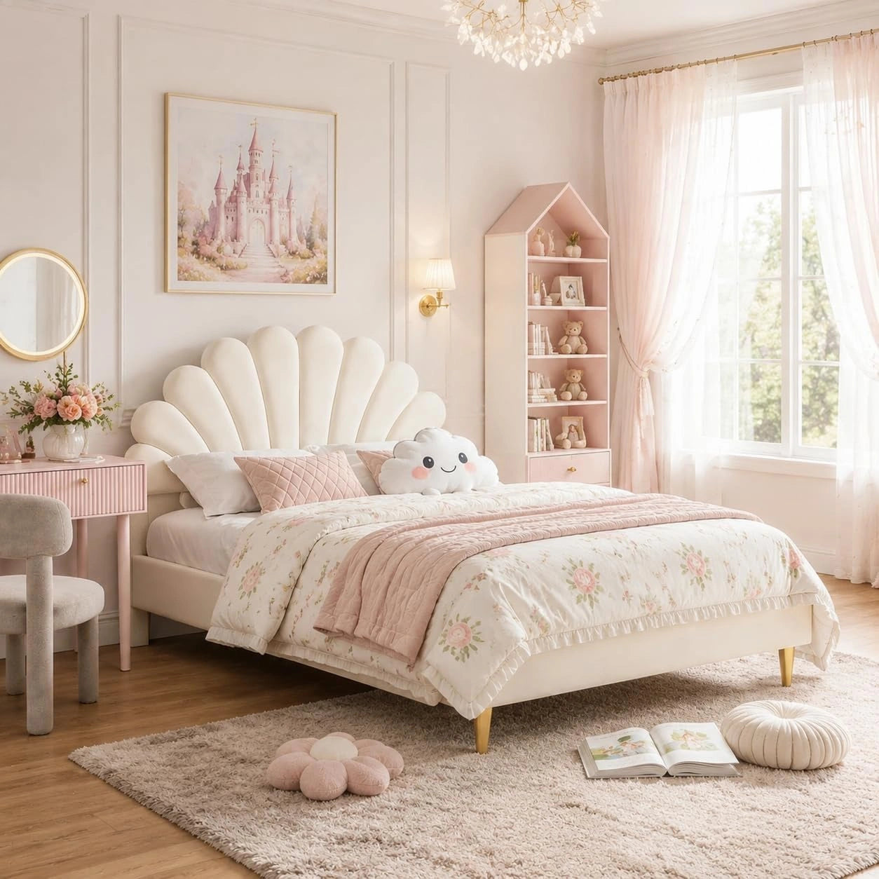 Lit Double 140x200 en Velours Beige avec T¨ºte Coquillage, Sommier Inclus, Pieds M¨¦talliques Dor¨¦s