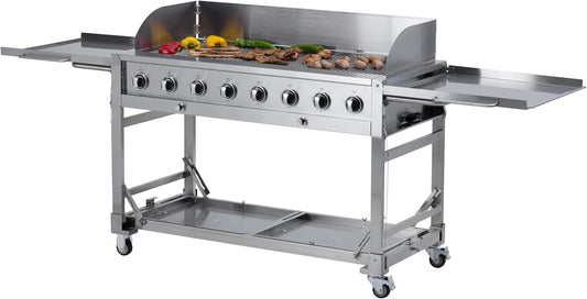 Gril ¨¤ Gaz Professionnel en Inox avec 8 Br?leurs, 32 kW, 4 Grilles de Cuisson