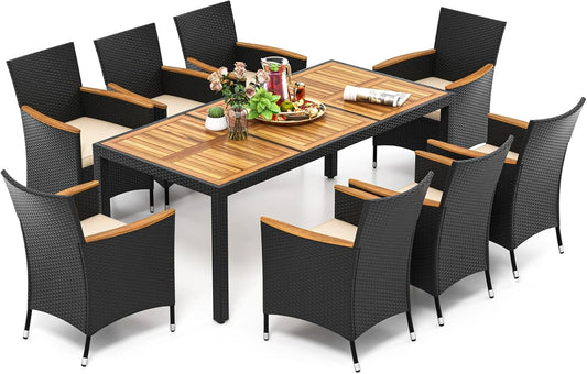 Ensemble Mobilier de Jardin 9 Pi¨¨ces en Rotin pour 8 Personnes avec Plateau Acacia et Coussins D¨¦houssables