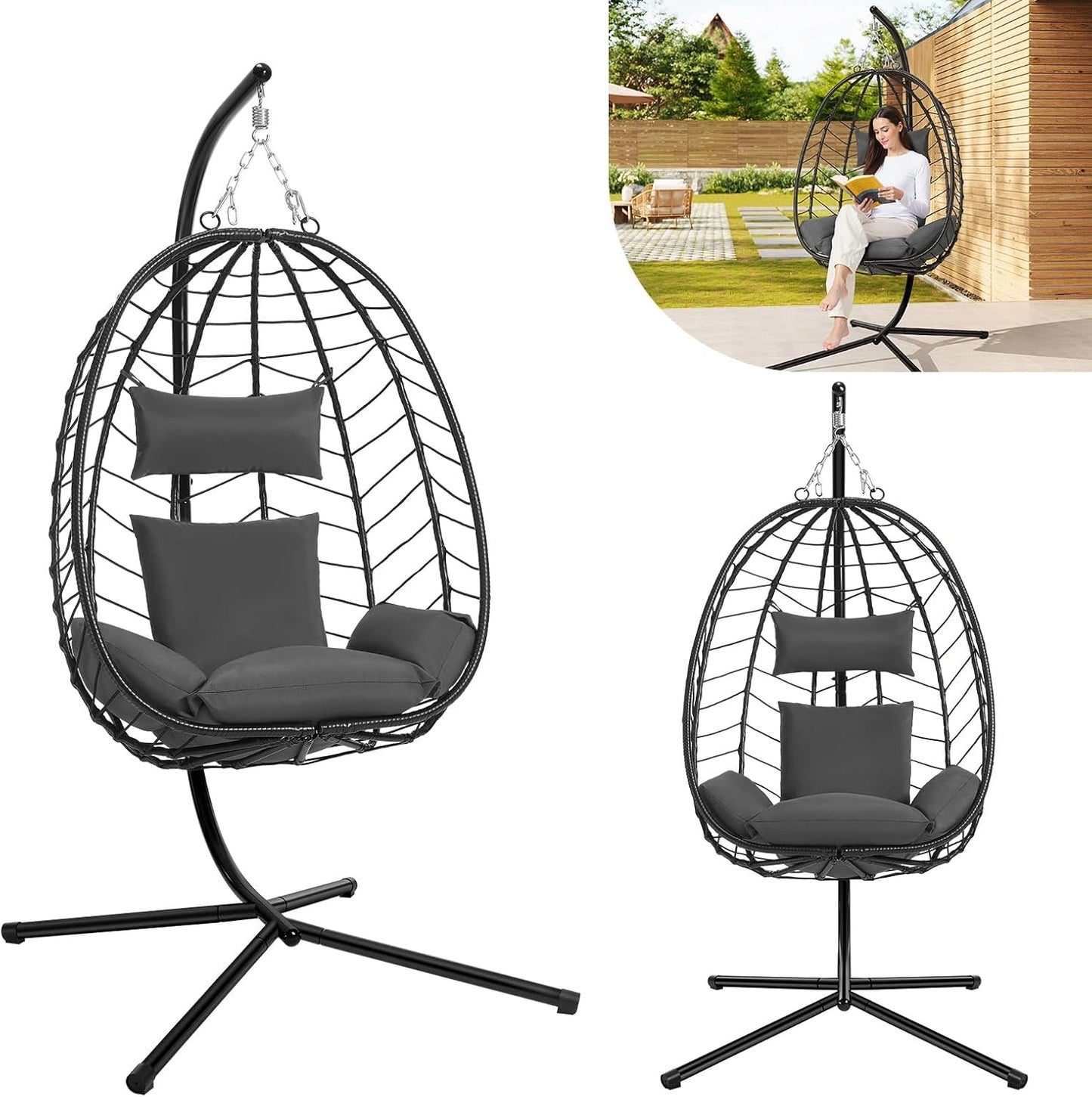 Fauteuil Suspendu ?uf en Rotin avec Support M¨¦tal et Coussin, Capacit¨¦ 150kg, pour Jardin et Terrasse, Gris Fonc¨¦