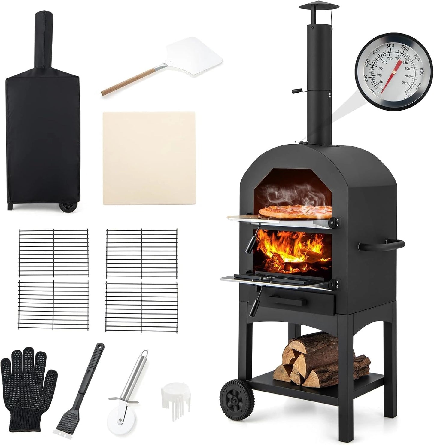 Four ¨¤ Pizza Ext¨¦rieur 162cm Bois ou Pellet, Cuisson Rapide avec Thermom¨¨tre et Accessoires Complets pour Camping et Barbecues