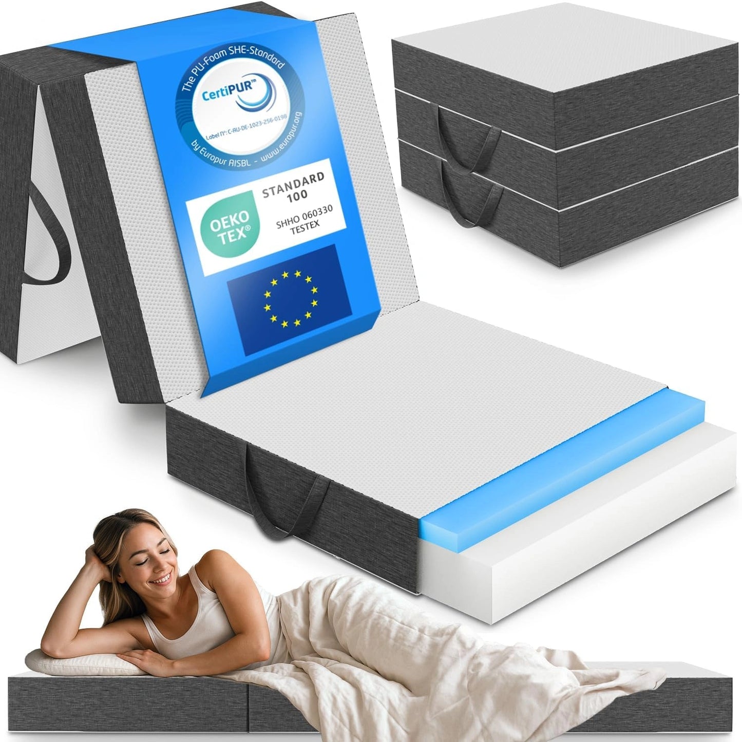 Matelas Pliable Confort 90x200 cm, Mousse Visco¨¦lastique 15 cm, Lit d'Appoint Enfant et Adulte, Housse Amovible