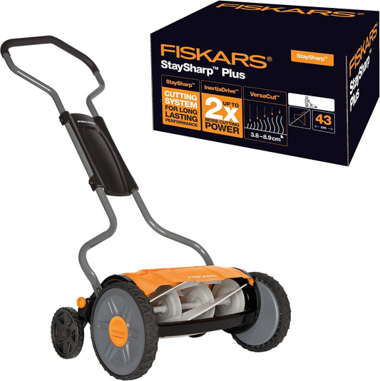 Fiskars Tondeuse Manuelle StaySharp Plus, Largeur 43 cm, Syst¨¨me de Coupe sans Frotement, Noir/Orange/Argent