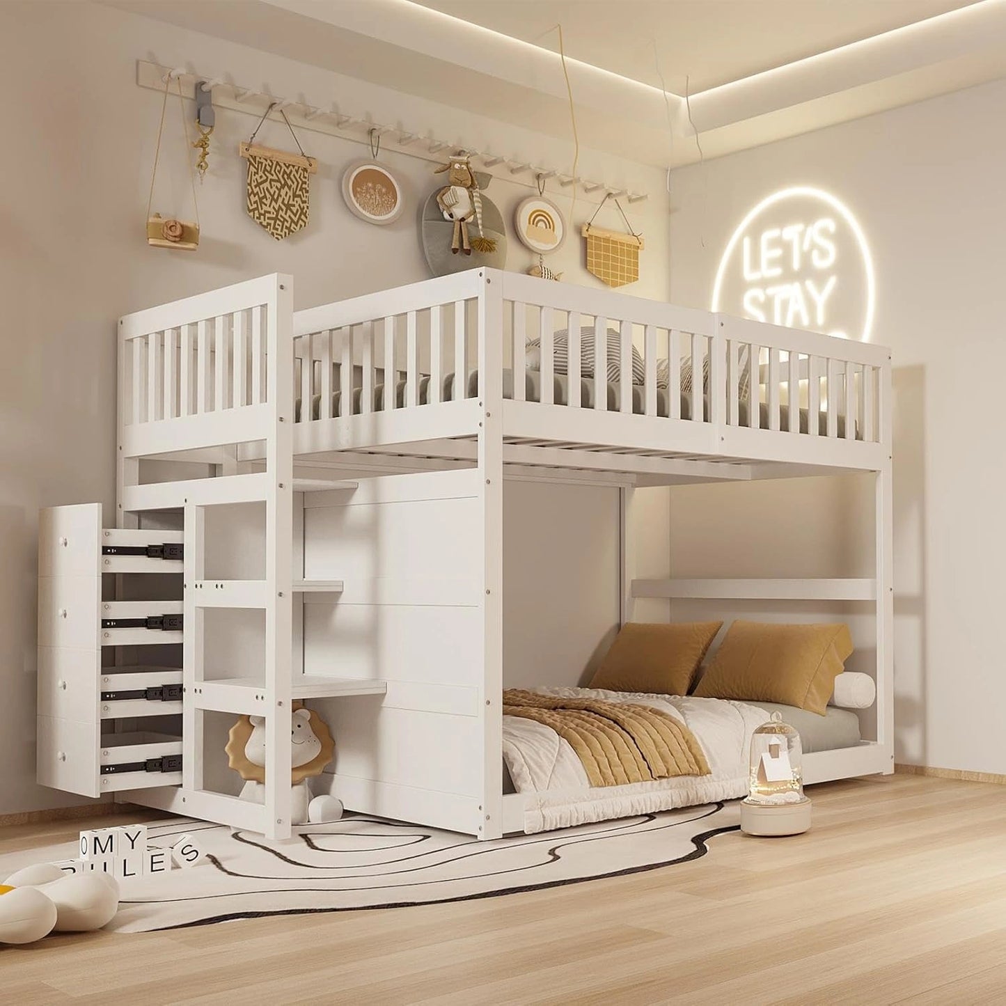 Lit Superpos¨¦ en Bois Blanc 140x200 cm, 2 Places avec 4 Tiroirs, Design S¨¦curis¨¦ pour Enfants et Adolescents