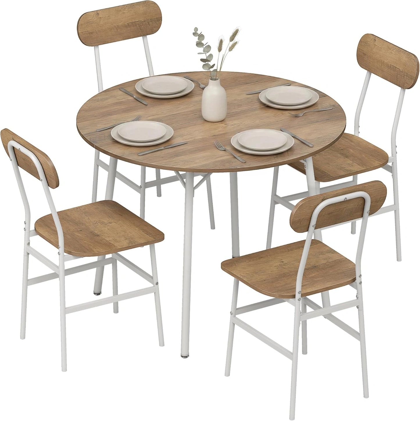 Ensemble de Salle ¨¤ Manger Industriel avec Table Ronde et 4 Chaises en M¨¦tal et Bois Naturel
