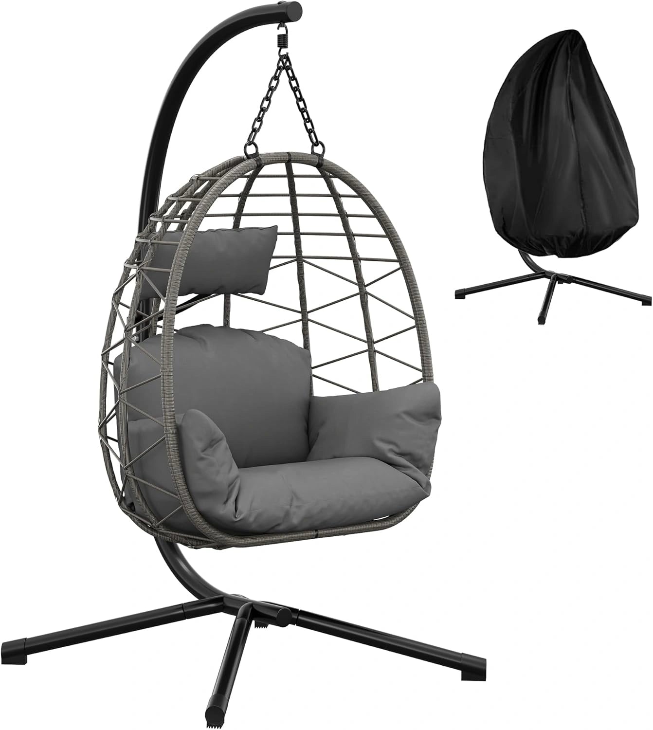 Chaise Hamac Suspendue XL en Rotin Gris avec Coussin Confortable, Hauteur Ajustable pour Int¨¦rieur et Ext¨¦rieur