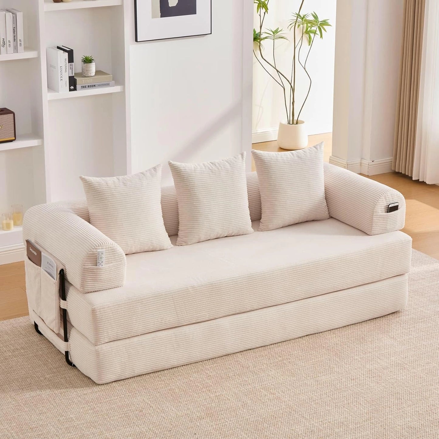 Sofa Convertible 2 Places en Velours C?tel¨¦ avec Poches et Coussins, Design Moderne pour Salon et Bureau (Beige-L)