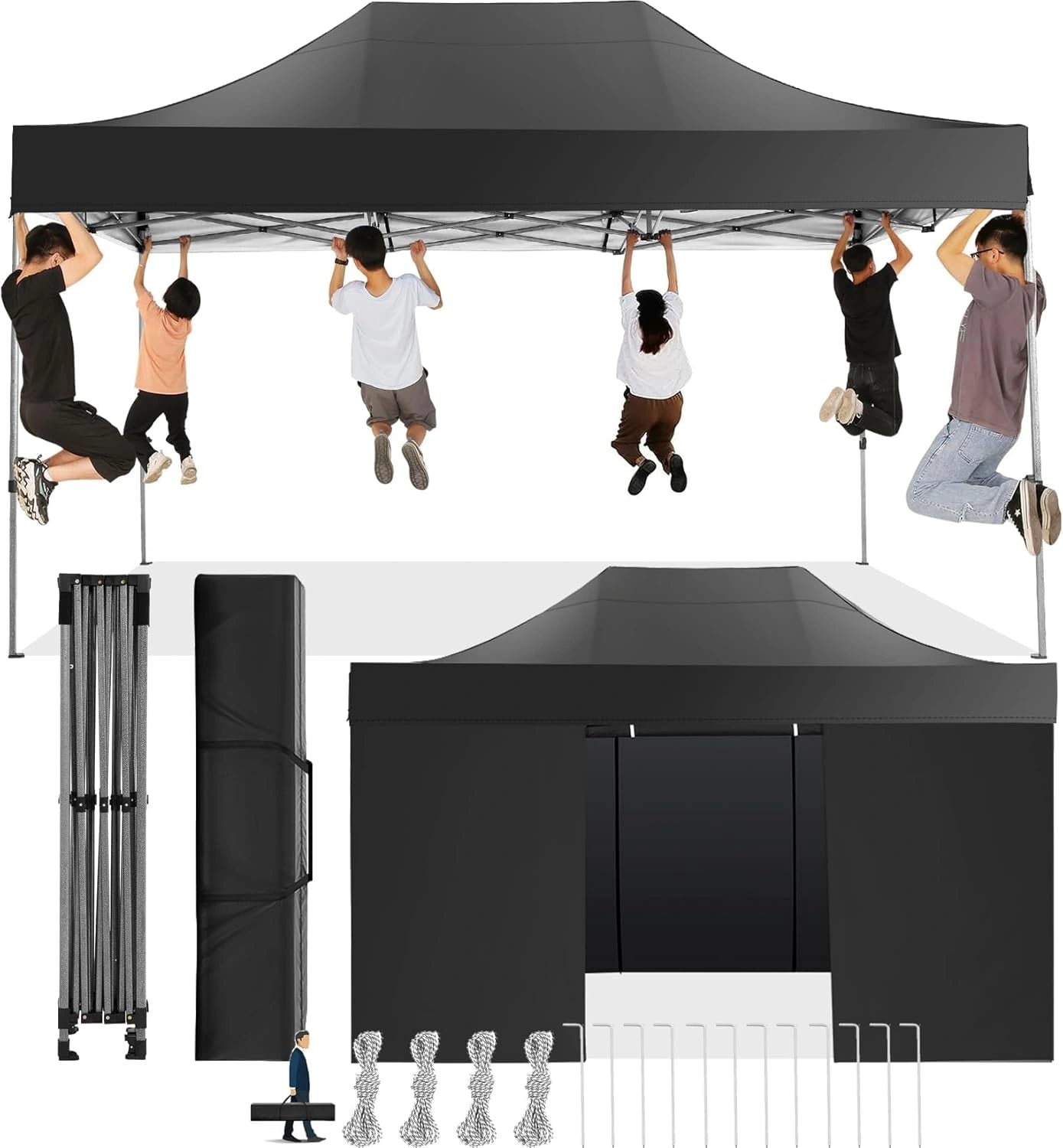 Tonnelle Pliante 3x4,5m Imperm¨¦able avec Parois Lat¨¦rales, Anti-UV, pour Jardin, Plage et Terrasse - Noir