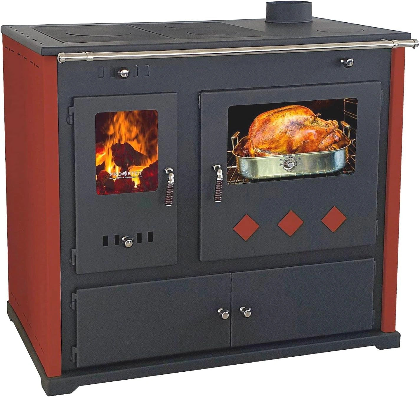 Po¨ºle ¨¤ bois rouge 9,5 kW avec four et plaque de cuisson, efficacit¨¦ A+