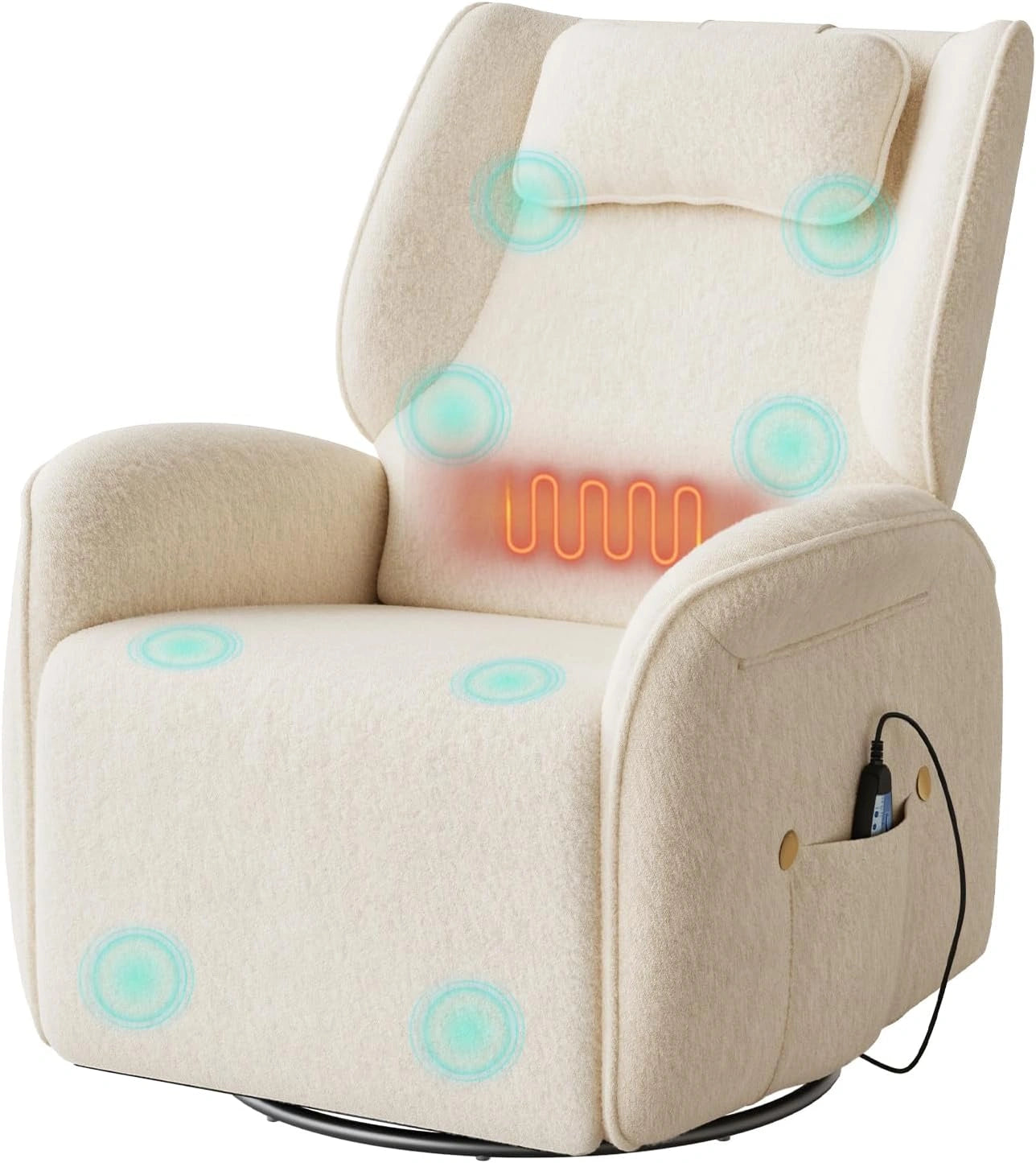 Fauteuil de Massage ¨¦lectrique Inclinable avec Fonction Chauffante et Pivotante, USB et Poches, Charge 150kg, Beige