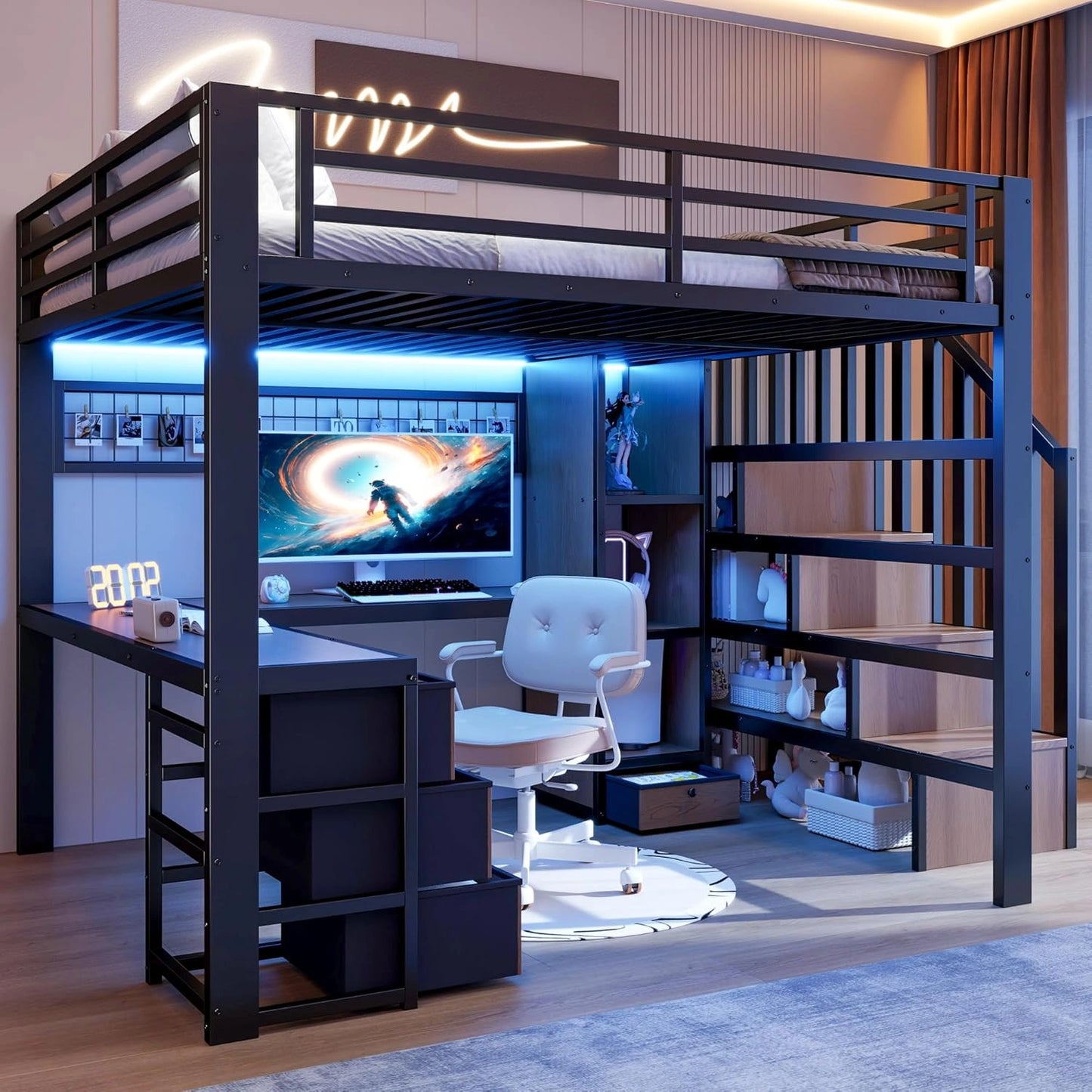 Lit Mezzanine 140x200cm avec LED et Bureau Int¨¦gr¨¦, Noir
