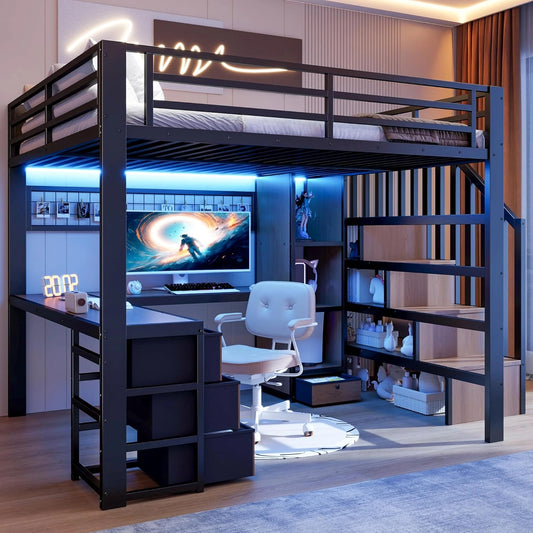Lit Mezzanine 140x200cm avec LED et Bureau Int¨¦gr¨¦, Noir