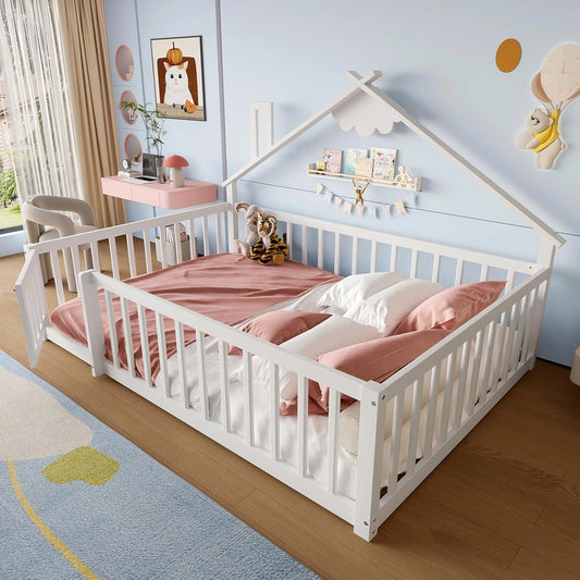 Lit Montessori Enfant 140x190 cm avec Barri¨¨re et Serrure, Sommier ¨¤ Lattes, Bois de Pin, Blanc