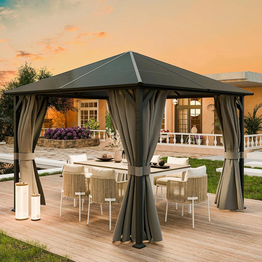 Pavillon de Jardin 3x3m R¨¦sistant ¨¤ l'Eau avec Rideaux - Toit Anti-UV pour Terrasse et Ext¨¦rieur (Gris)