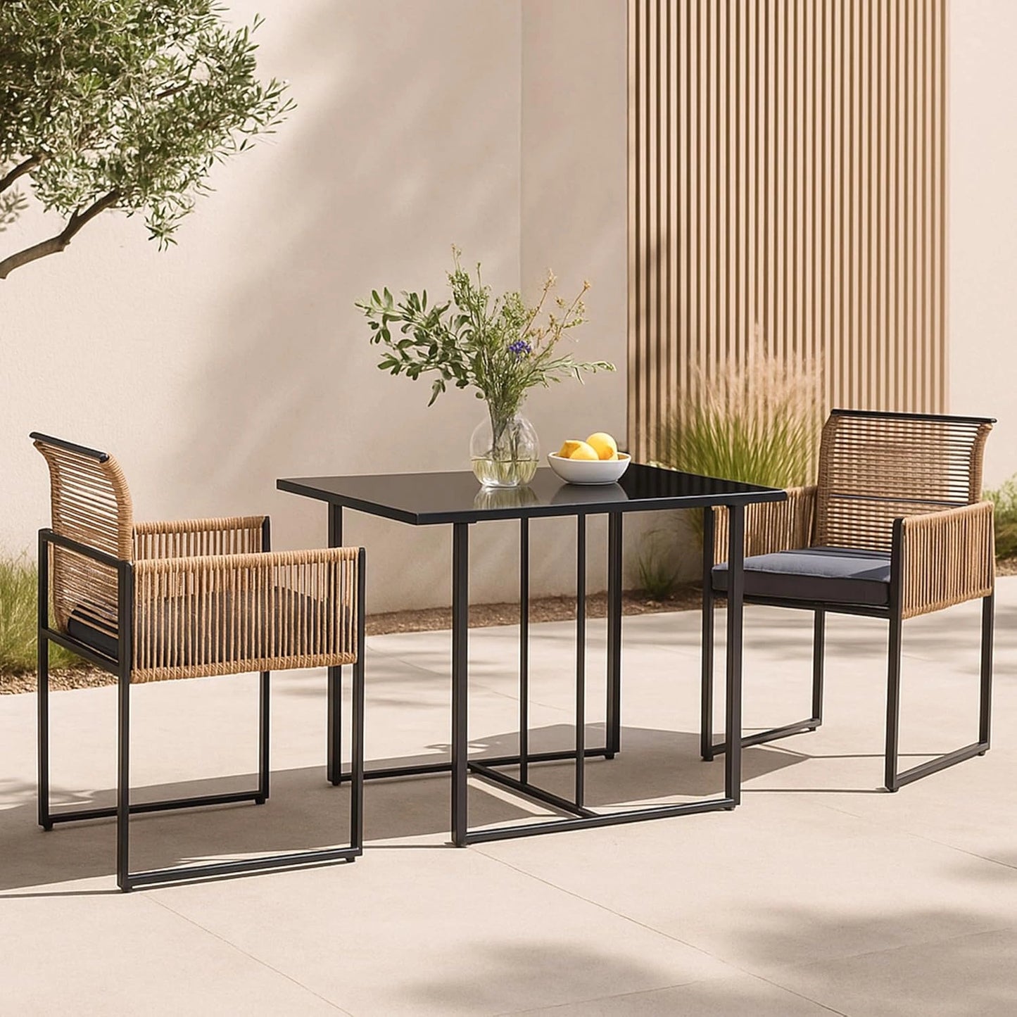 Ensemble de Bistrot de Jardin: Table et 2 Chaises avec Coussins - Acier, Verre Tremp¨¦, Poly¨¦thyl¨¨ne