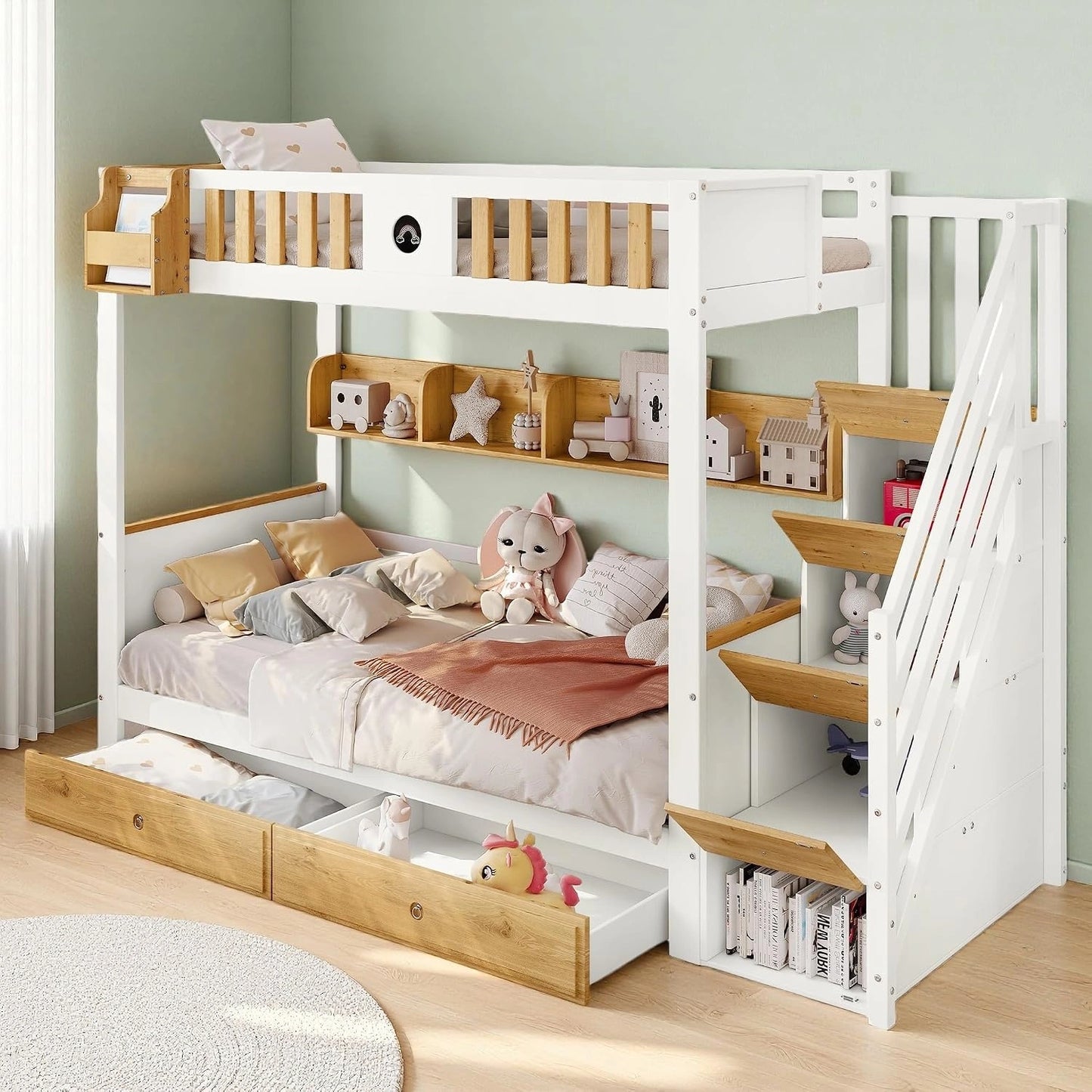 Lit mezzanine pour enfants 90x200 avec ¨¦chelle et rangement int¨¦gr¨¦