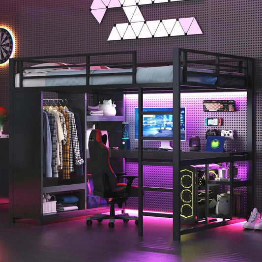 Lit Mezzanine Gaming M¨¦tal 140x200cm avec Bureau et ¨¦clairage LED
