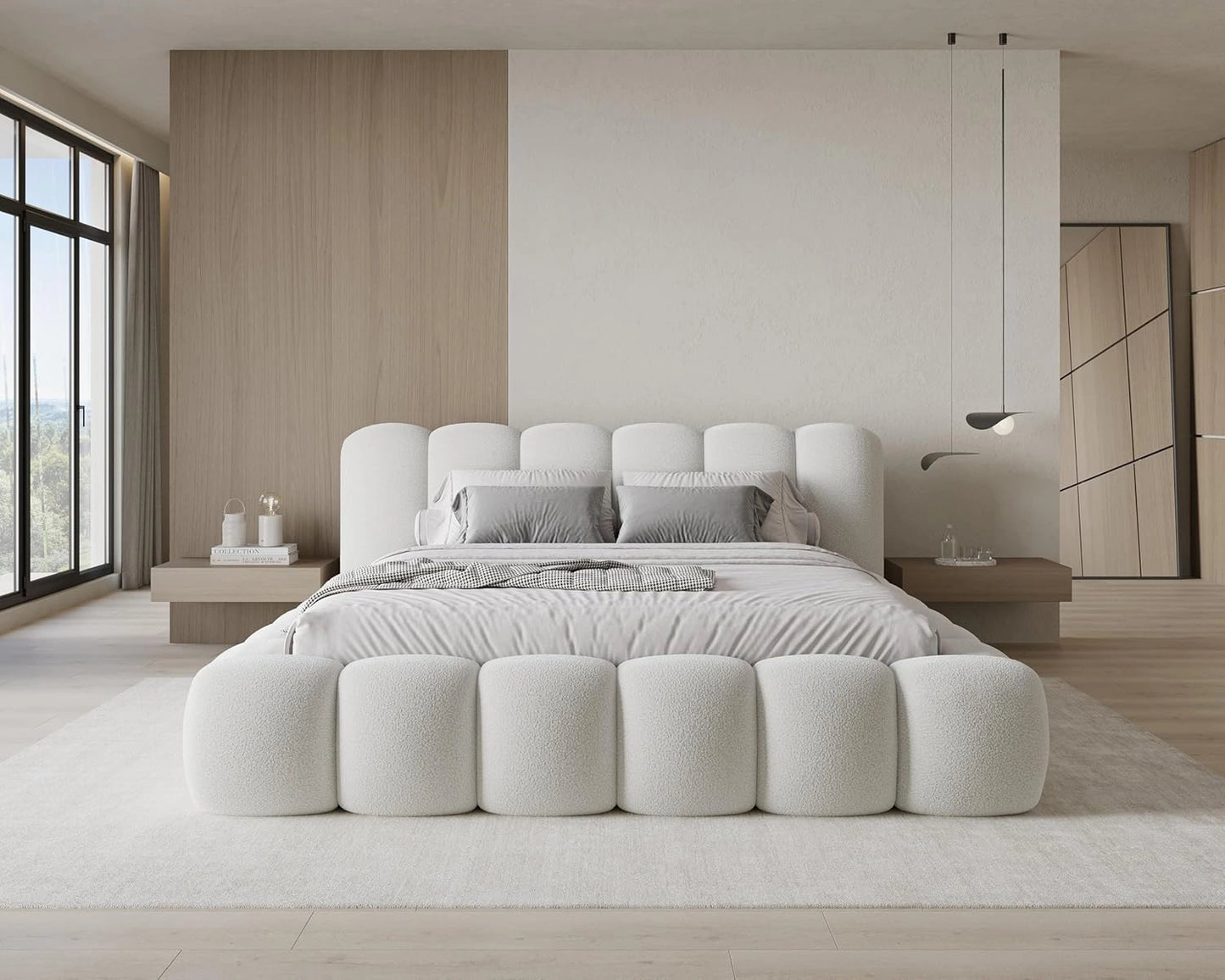 Lit Coffre 180x200 en Tissu Boucl¨¦ Blanc pour 2 Personnes
