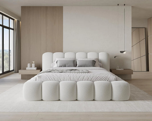 Lit Coffre 180x200 en Tissu Boucl¨¦ Blanc pour 2 Personnes