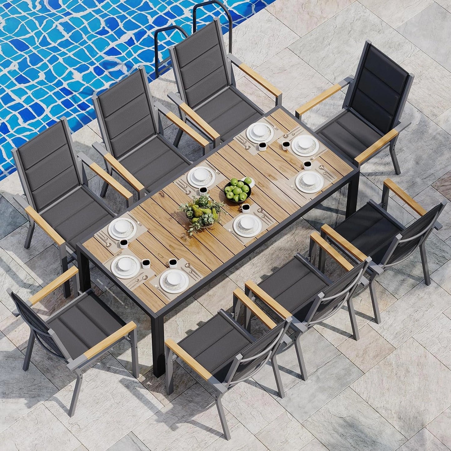 Ensemble de Jardin Ext¨¦rieur JUMMICO avec 8 Chaises Empilables et Table en Aluminium Aspect Bois, 189x80 cm - Robuste et Facile d'Entretien pour Terrasse et Balcon